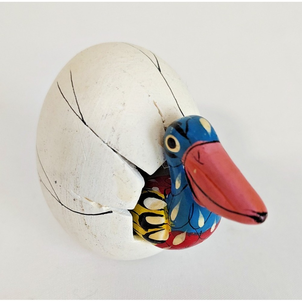 Hand Painted Handmade Clay Bird Hatching From Egg Figurine Mexico